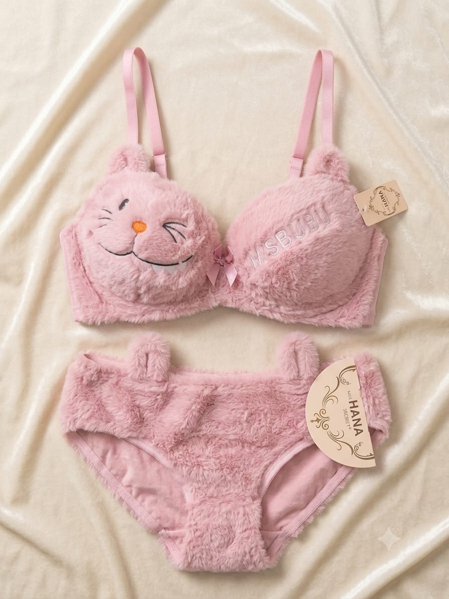Soft Pink Double Padded Plush Bikini Bra Panty Set