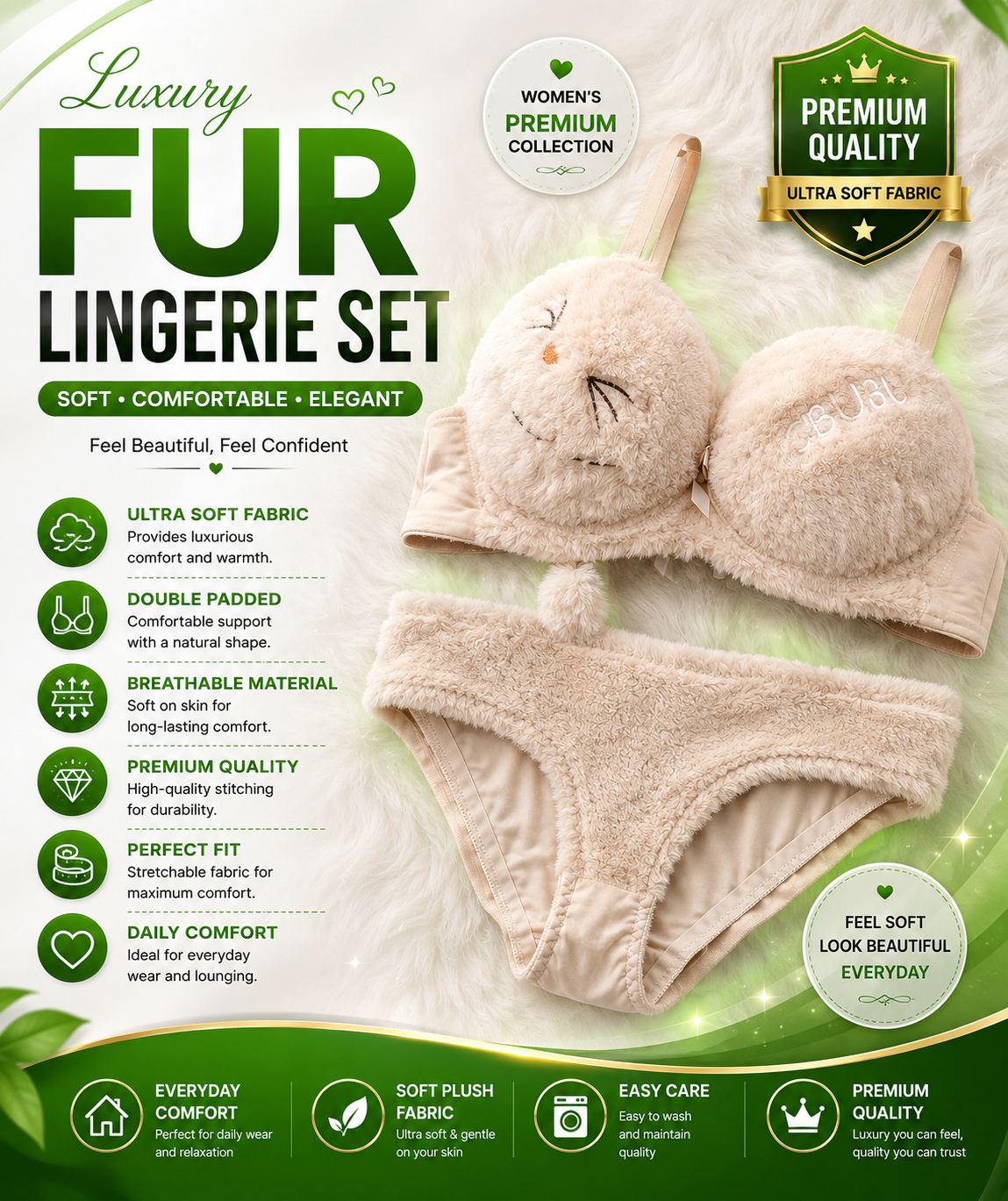 Luxury Soft Woolen Bikini Bra Panty Lingerie Set