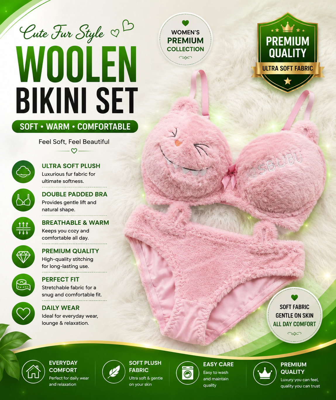 Soft Pink Double Padded Plush Bikini Bra Panty Set