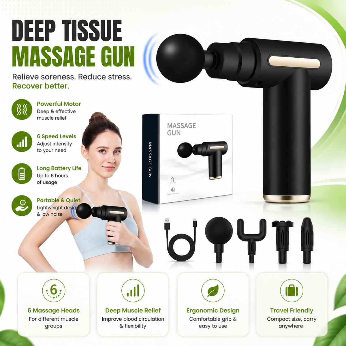 Powerful Deep Tissue Massage Gun – Multiple Attachments & Adjustable