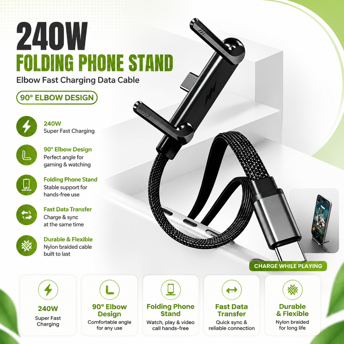 2-in-1 240W Fast Charging Cable with Stand
