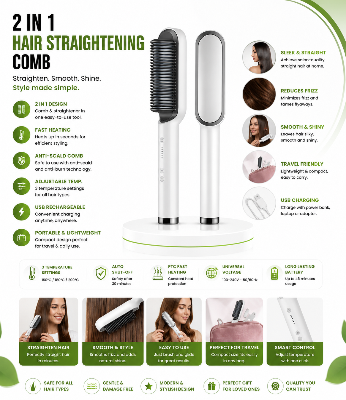 2-in-1 Hair Straightener & Curler Brush – Fast Heat Styling Comb