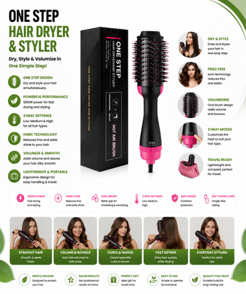 3-in-1 Hot Air Hair Brush – Ionic Dryer, Straightener & Volumizer