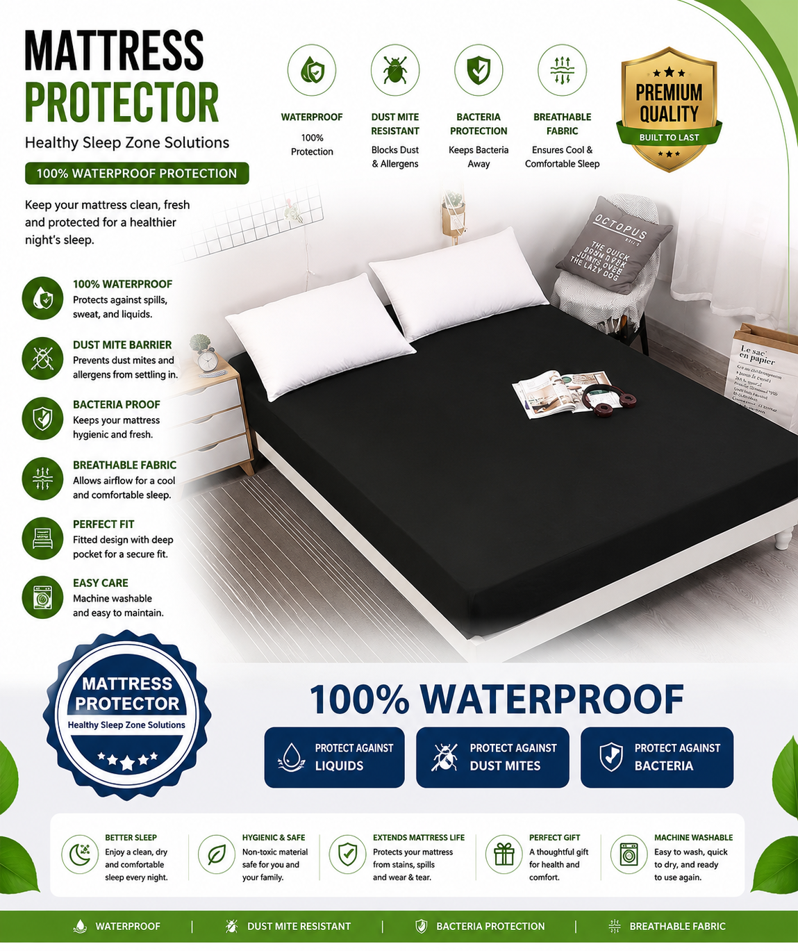 Waterproof Fitted Mattress Protector – Breathable & Washable