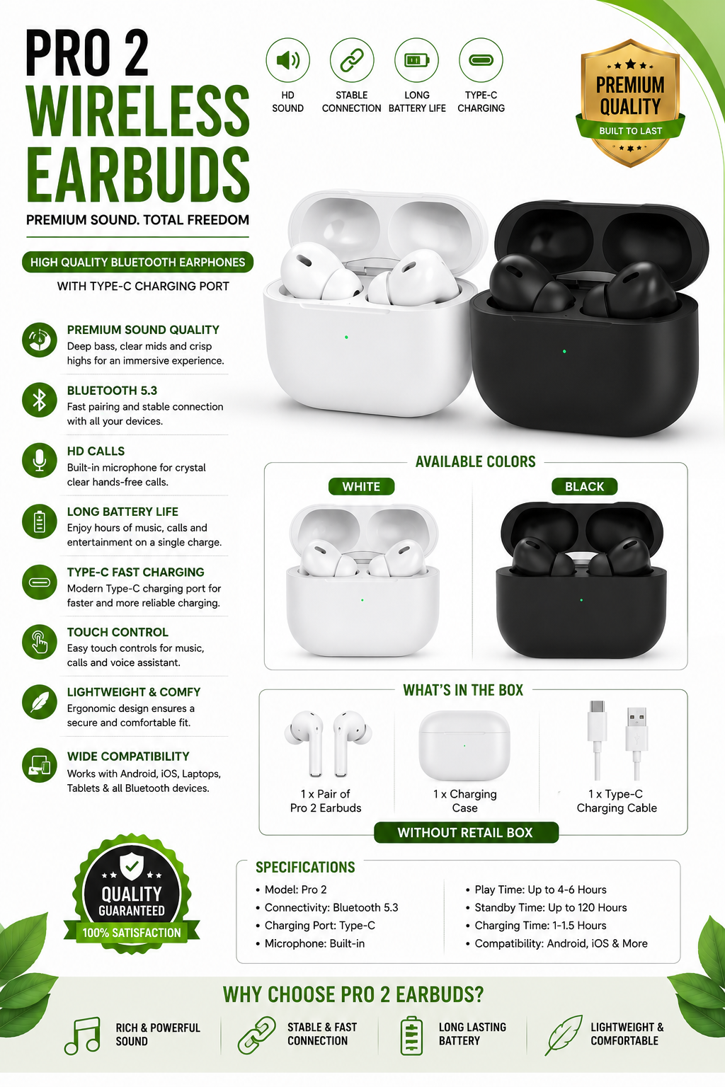 Pro 2 Wireless Bluetooth Earbuds Type-C Charging Earphones