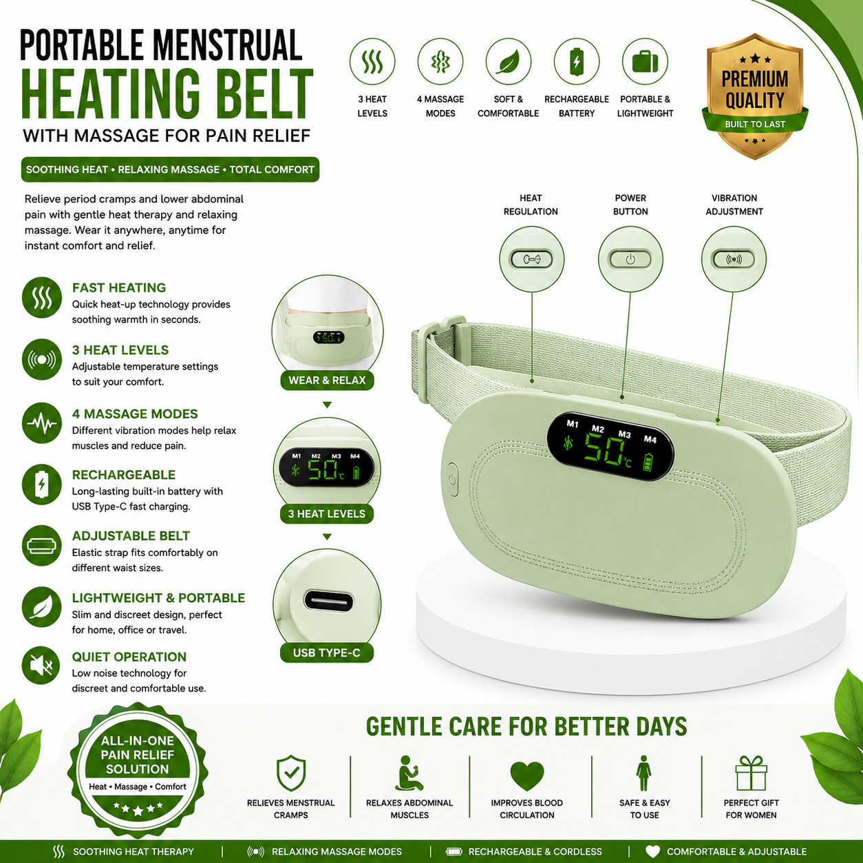Portable Menstrual Heating Belt with Massage for Pain Relief