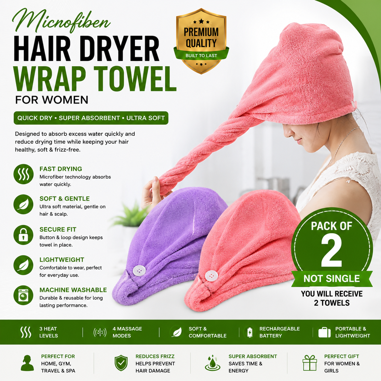 Microfiber Hair Dryer Wrap Towel for Women – Pack of 2