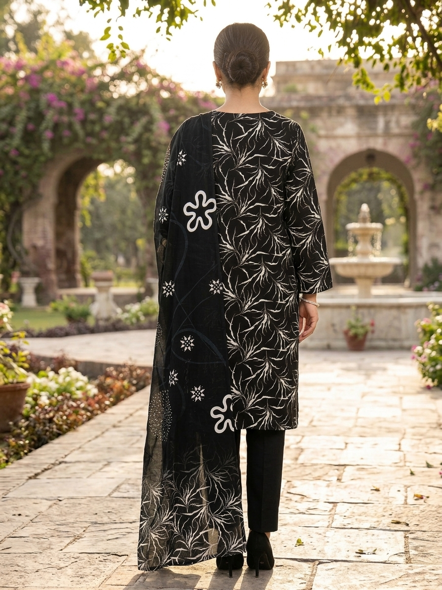 Women's Black Digital Lawn Dress
