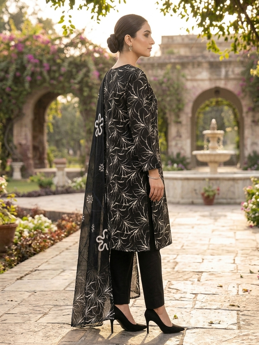 Women's Black Digital Lawn Dress