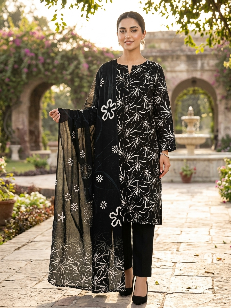Women's Black Digital Lawn Dress